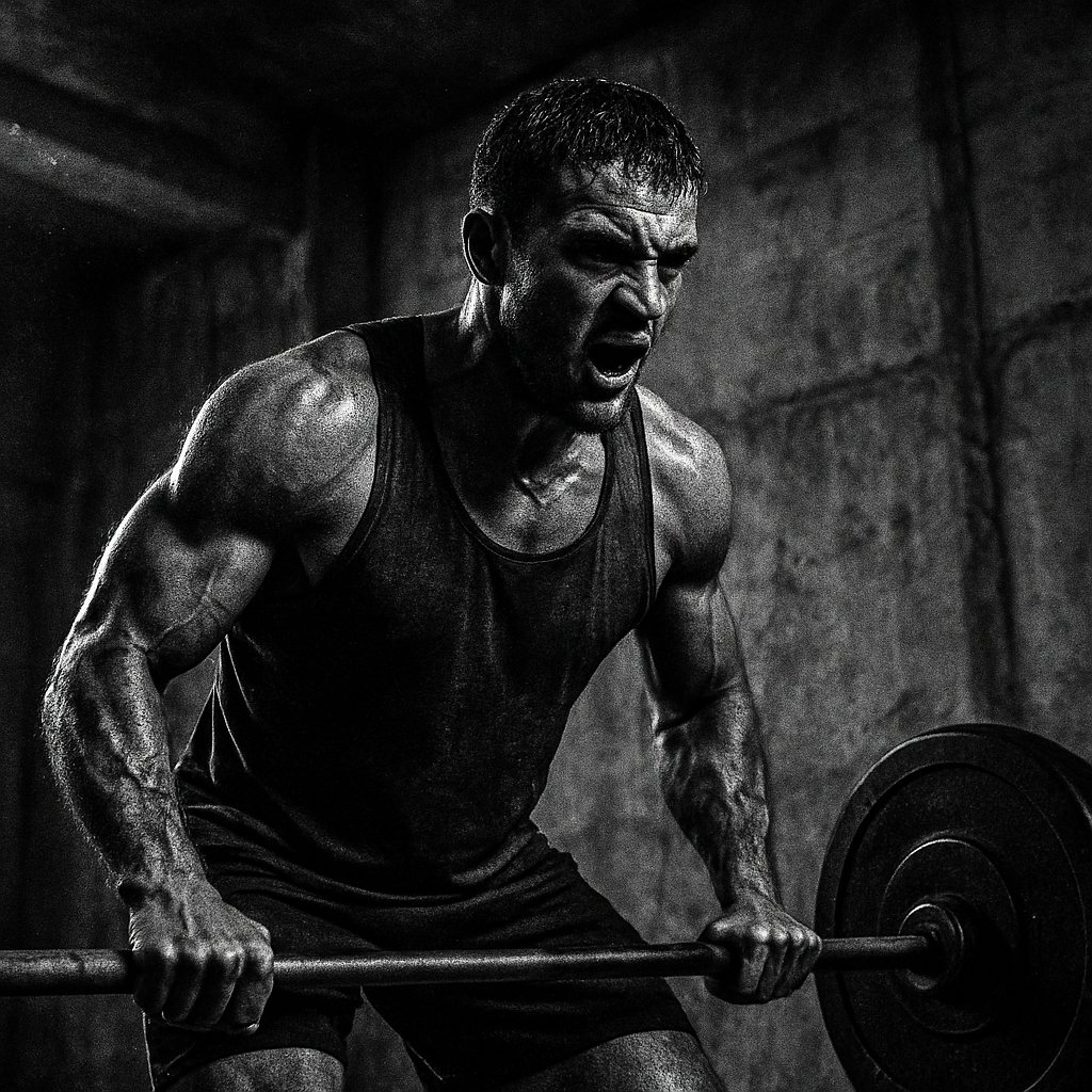 Athlete lifting a heavy barbell in a raw concrete gym